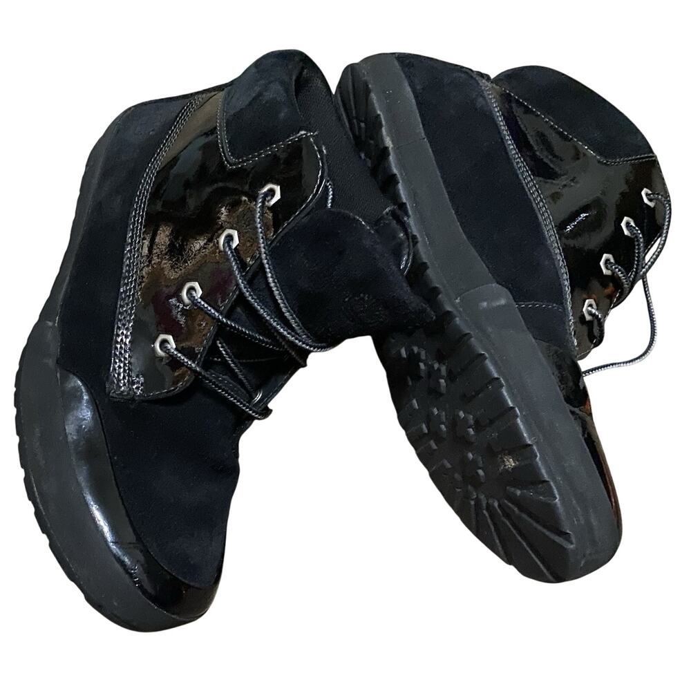 Timberland Black Patent Leather Suede Chukka Ankle Boots Combat Sz 7.5 Dress